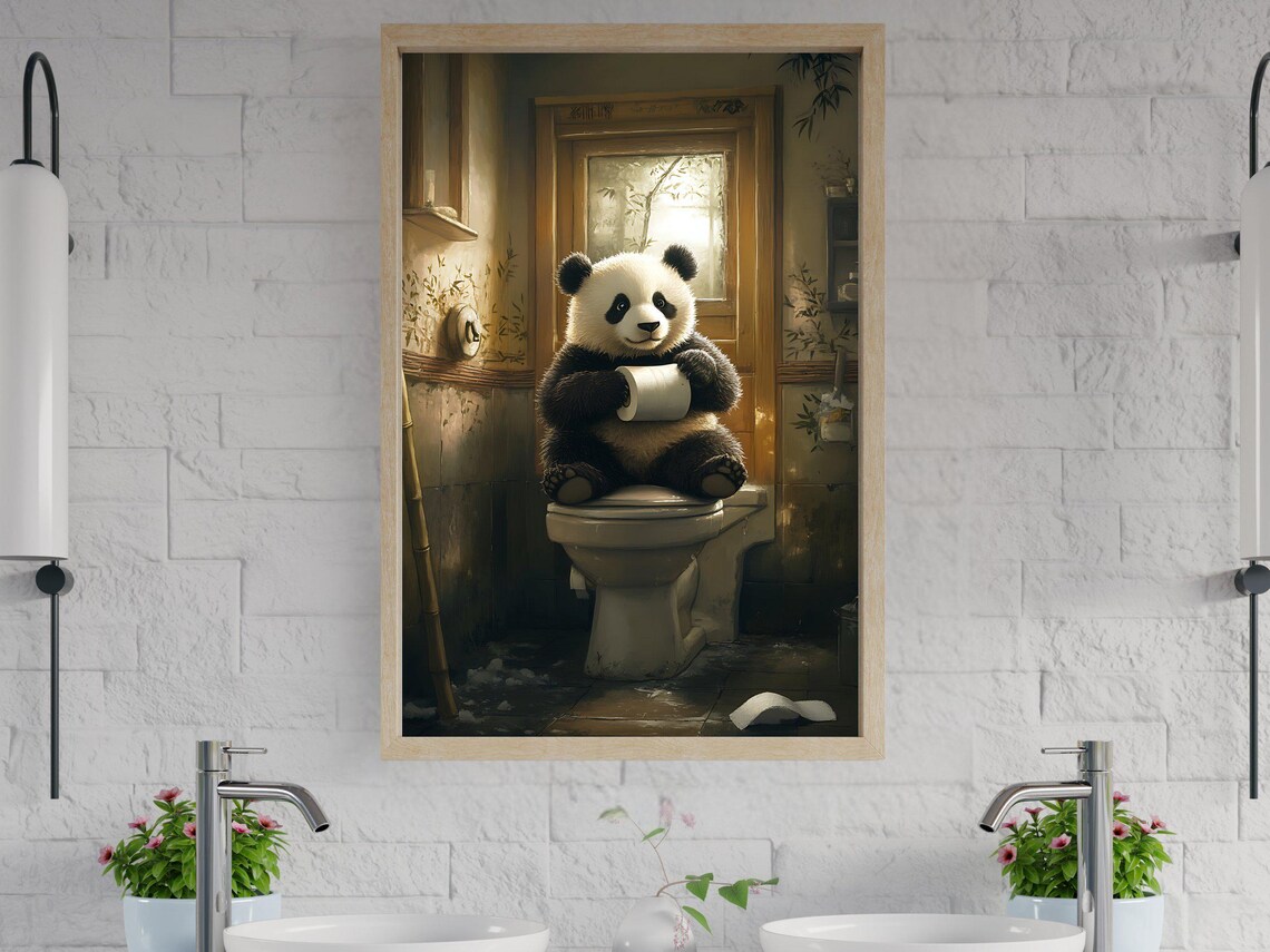 Cute Panda Sitting On Toilet Holding Toilet Paper Funny Poster
