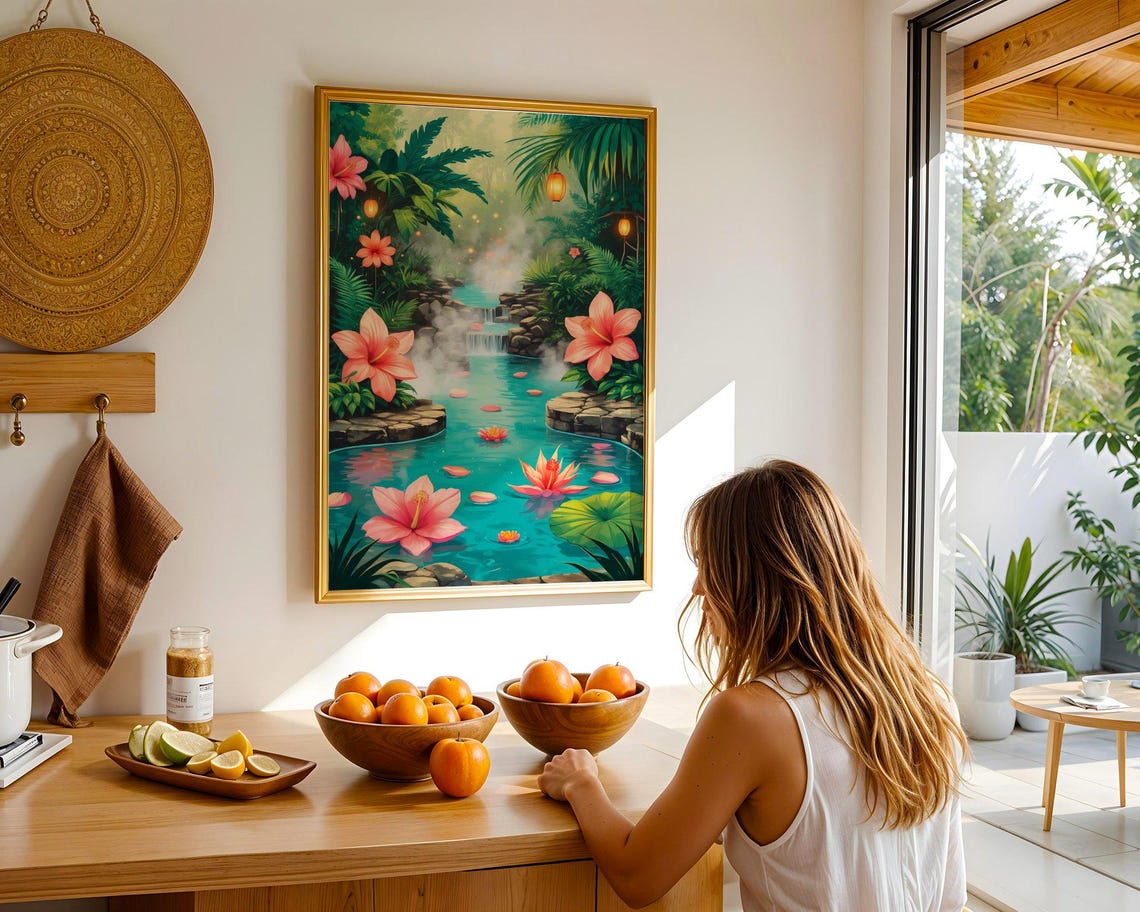 Tropical Waterfall Pool With Pink Hibiscus And Hanging Lanterns Poster - Image 2