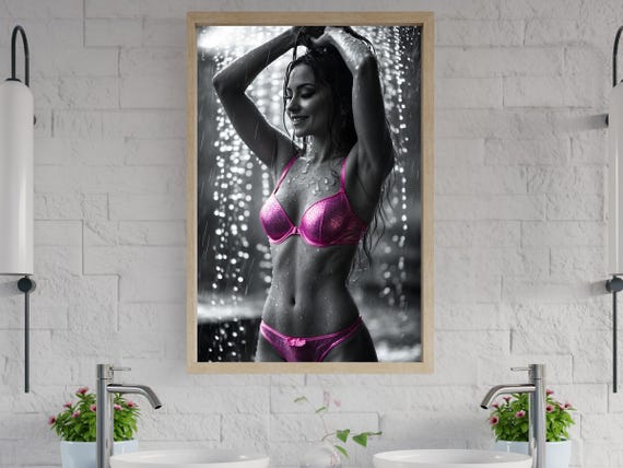 Sensual Wall Art Print Sexy Woman In Rain Photograph Bold Black And White Art With Hot Pink Accents Unique Home Decor