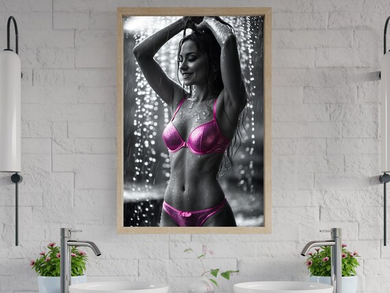 Smiling Woman In Sparkling Pink Lingerie Standing In The Rain Poster
