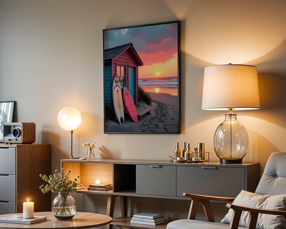 Coral Red Surf Shack With Two Boards on Beach at Sunset Poster - Image 5