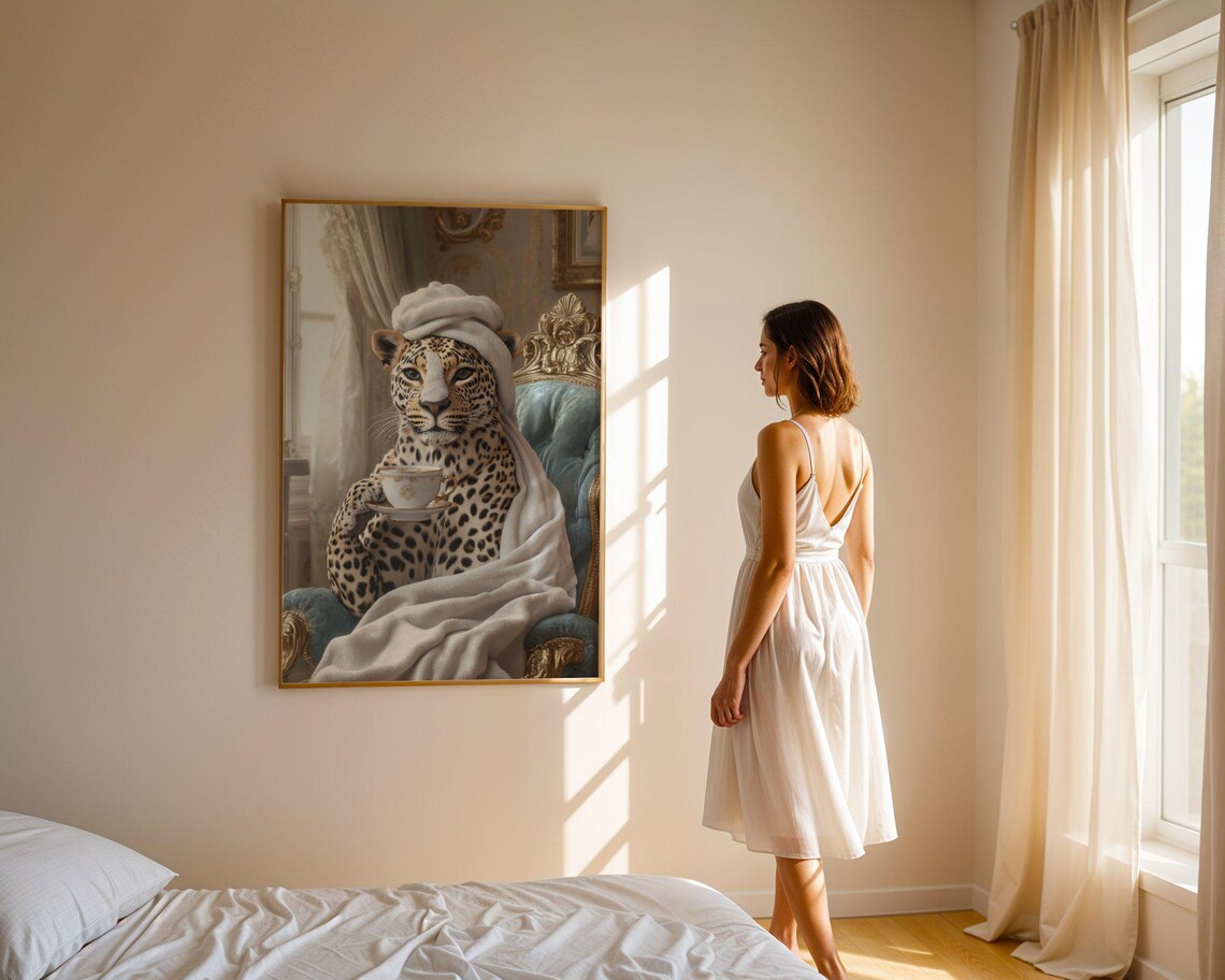 Leopard in a Towel Turban Sipping Tea on a Velvet Chair Poster - Image 3