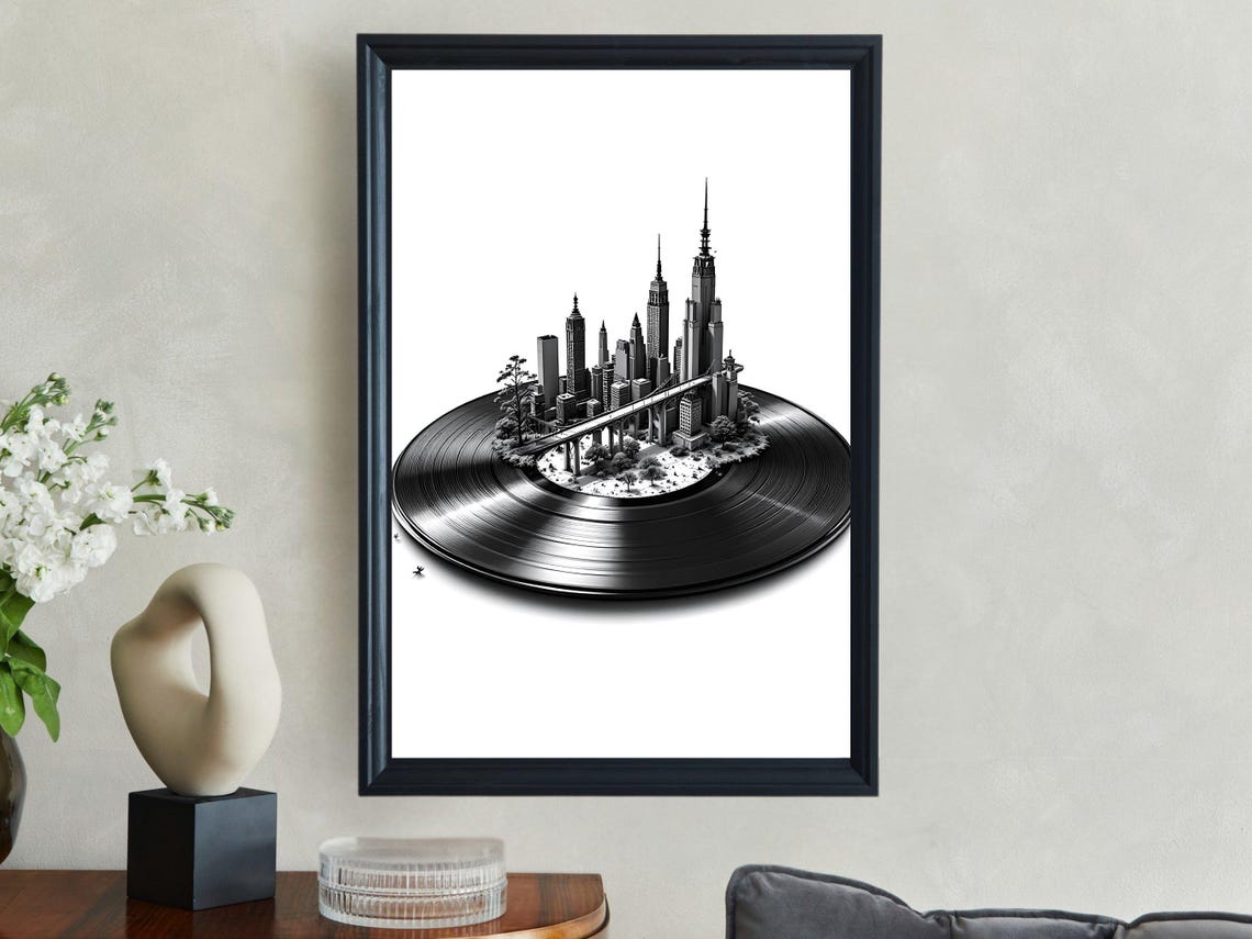 Miniature City Skyline On Vinyl Record Black White Music Poster