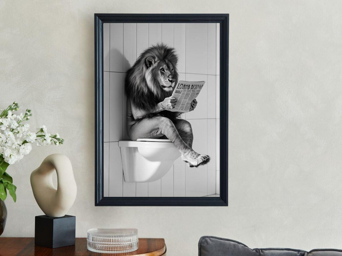 Black And White Lion Reading A Newspaper While Sitting On A Toilet Poster