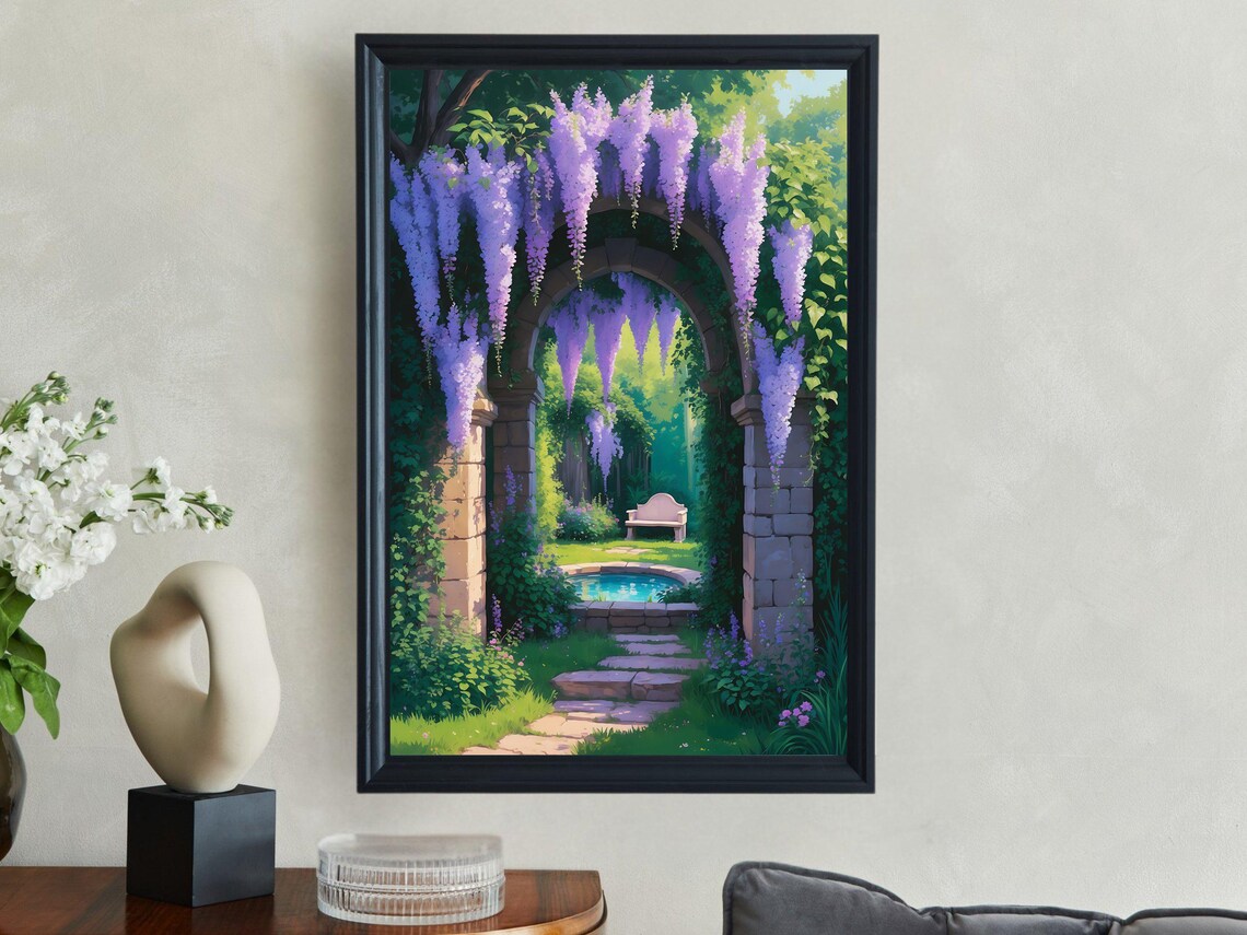 Wisteria Covered Stone Archway Serene Secret Garden Path Poster