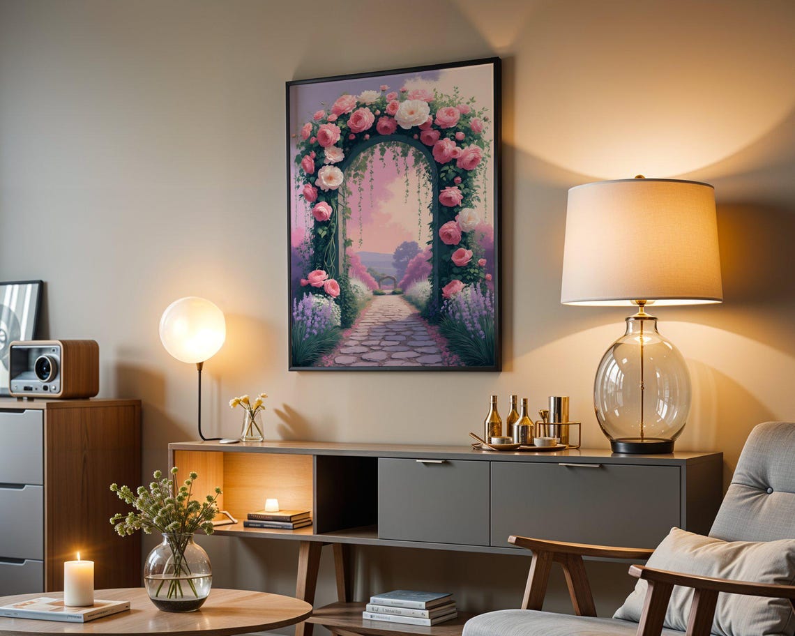 Pink Rose Covered Archway Over Romantic Stone Garden Path Poster - Image 3