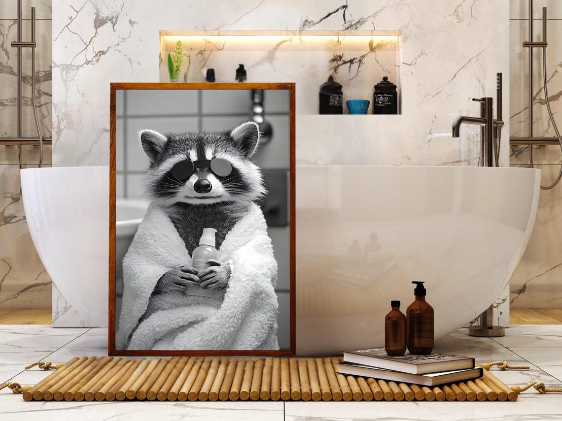 Raccoon In Towel With Soap Bottle Black And White Bathroom Poster - Image 5