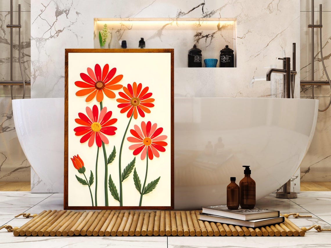 Orange Red Daisy Flowers Cream Background Botanical Art Print - Image 2