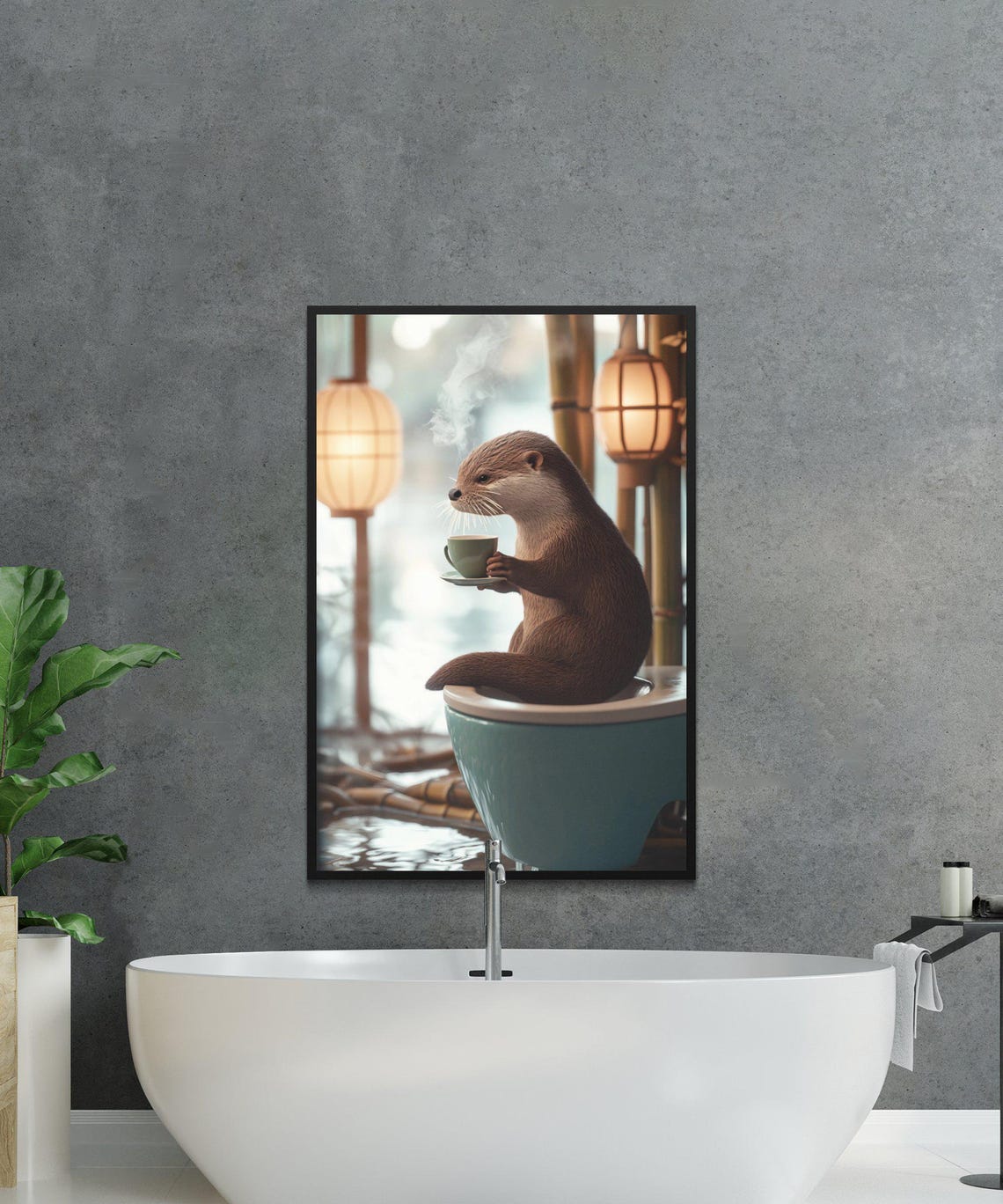 Serene Otter Drinking Tea While Sitting On A Teal Toilet Poster - Image 3