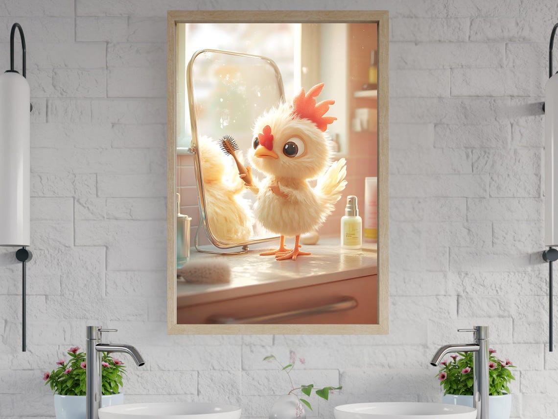 Cute Fluffy Chick Brushing Its Feathers Before the Mirror Poster