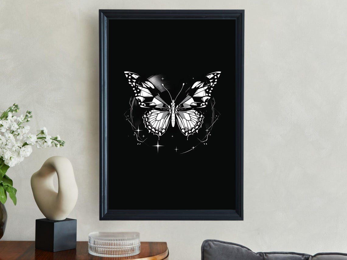 Black And White Butterfly Wall Art Butterfly Print Celestial Butterfly Decor Butterfly Illustration Butterfly Wall Decor Art Print