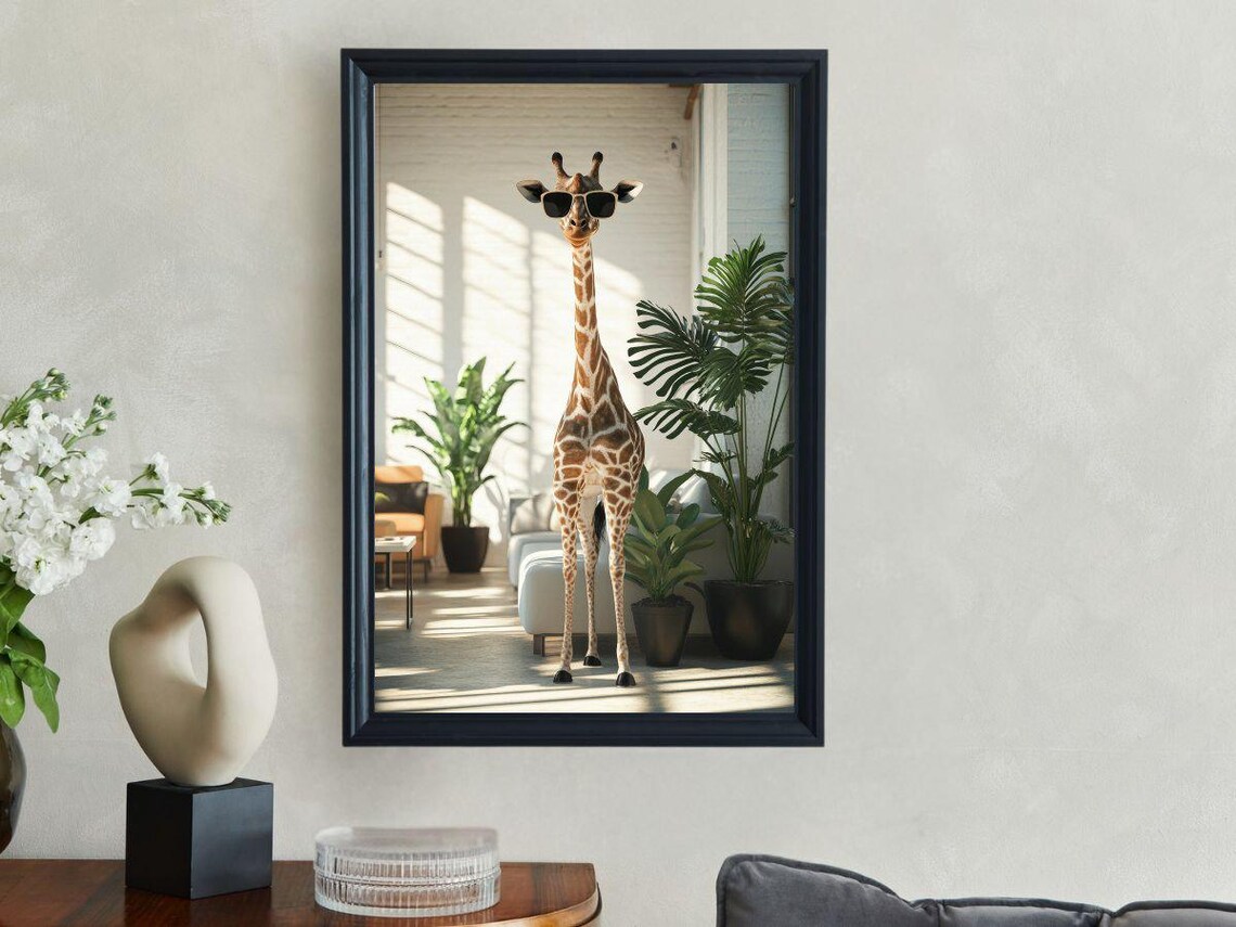 Giraffe Wearing Sunglasses Standing In A Bright Modern Living Room Poster