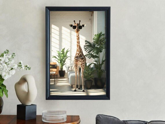 Giraffe Wearing Sunglasses Standing In A Bright Modern Living Room Poster