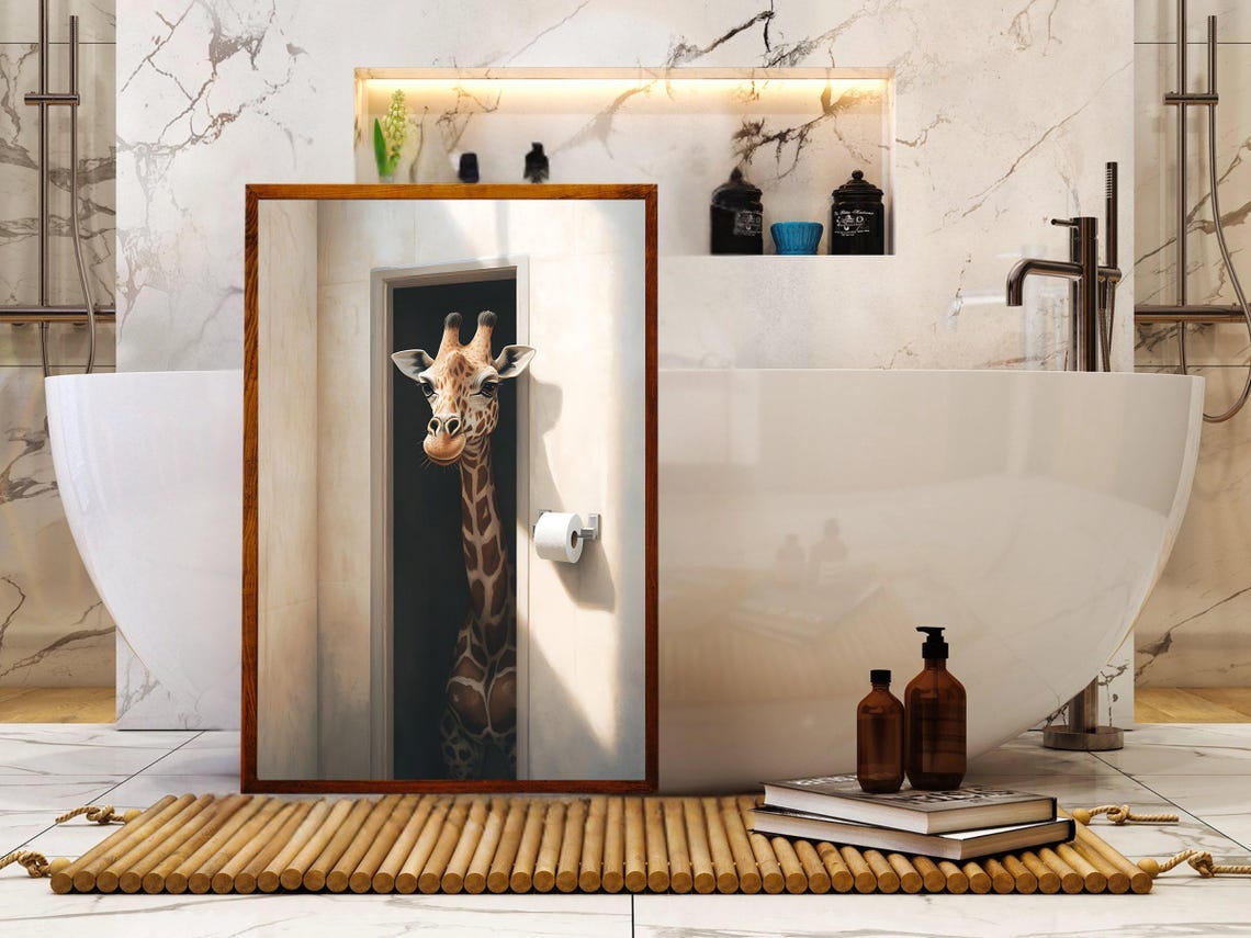 Friendly Giraffe Peeking Through the Bathroom Doorway Poster - Image 5