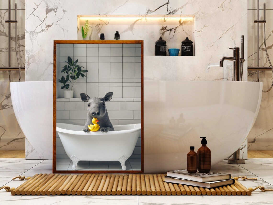 Baby Rhino in Bathtub With Yellow Rubber Duck Funny Art Poster - Image 5