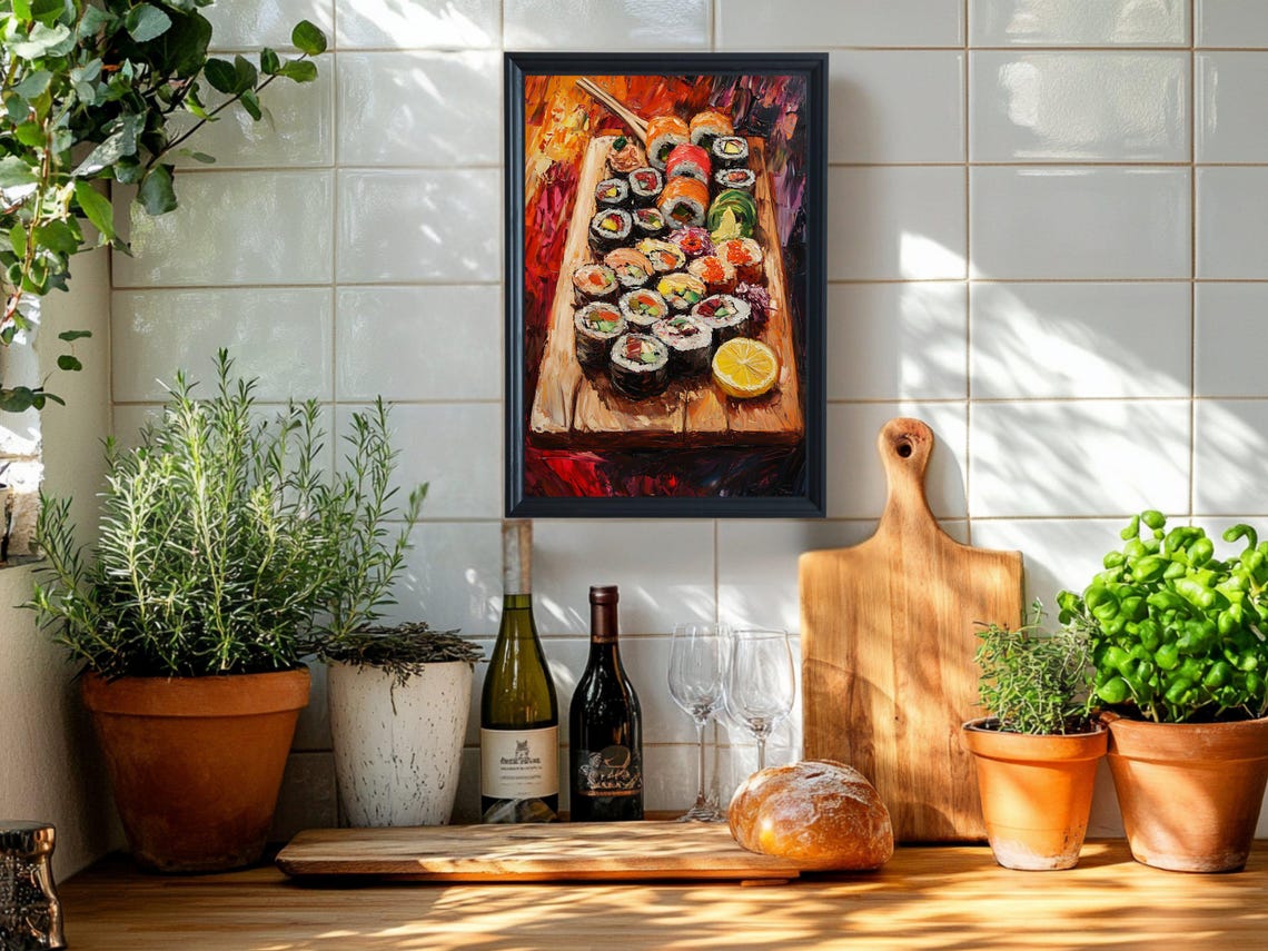 Colorful Sushi Platter Oil Painting on a Wooden Board Poster - Image 5