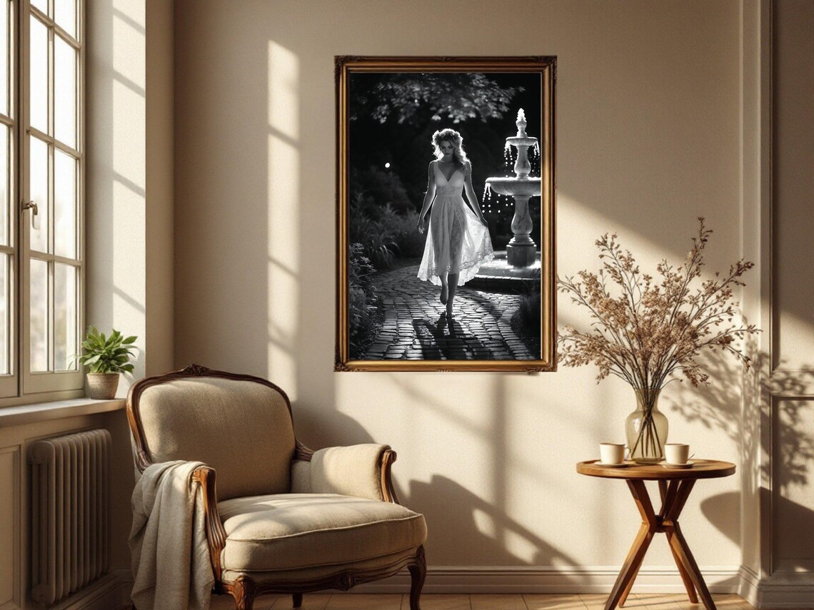 Barefoot Woman in White Dress by Moonlit Garden Fountain Poster - Image 2