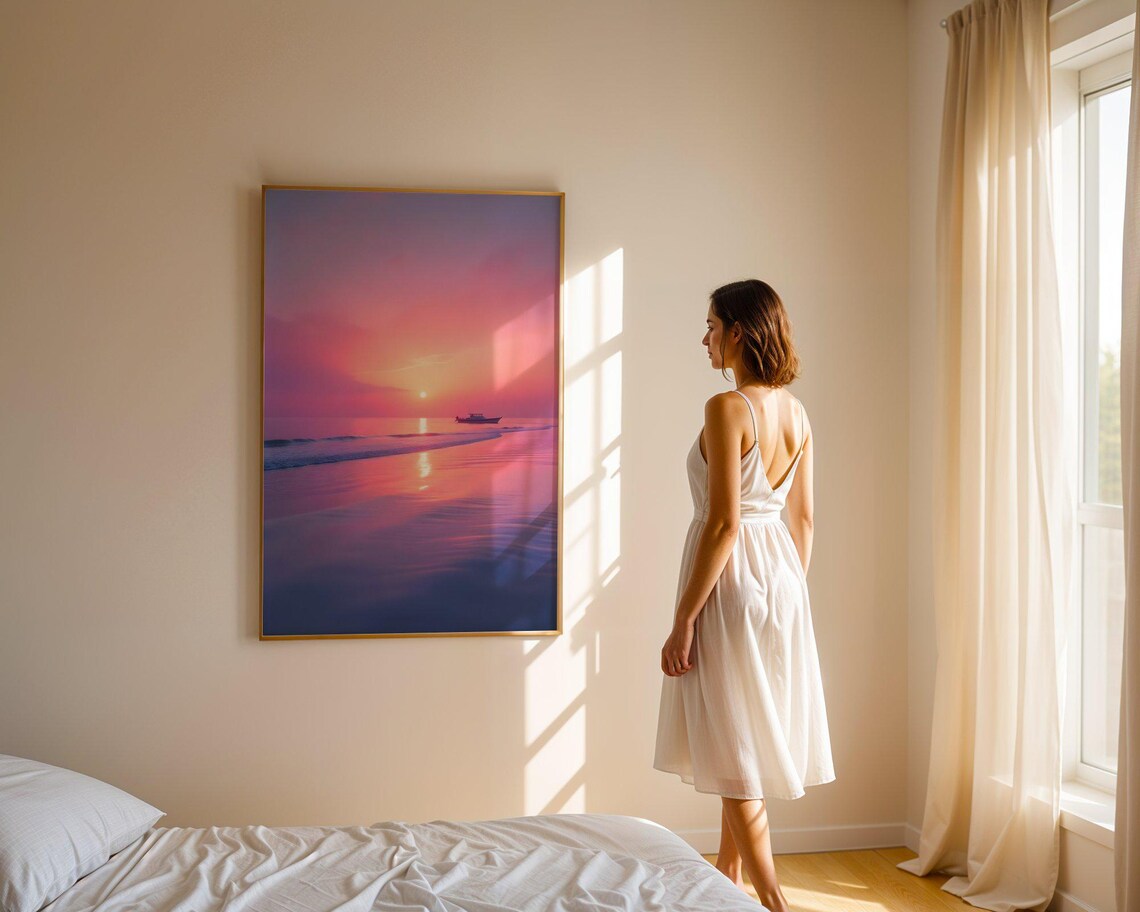 Soft Pink Ocean Sunset With Lone Boat On Calm Reflecting Water Poster - Image 4