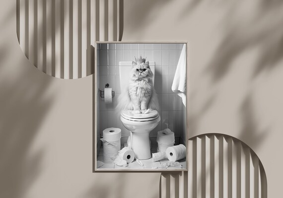 Fluffy White Persian Cat Wearing A Crown Sitting On A Toilet Poster