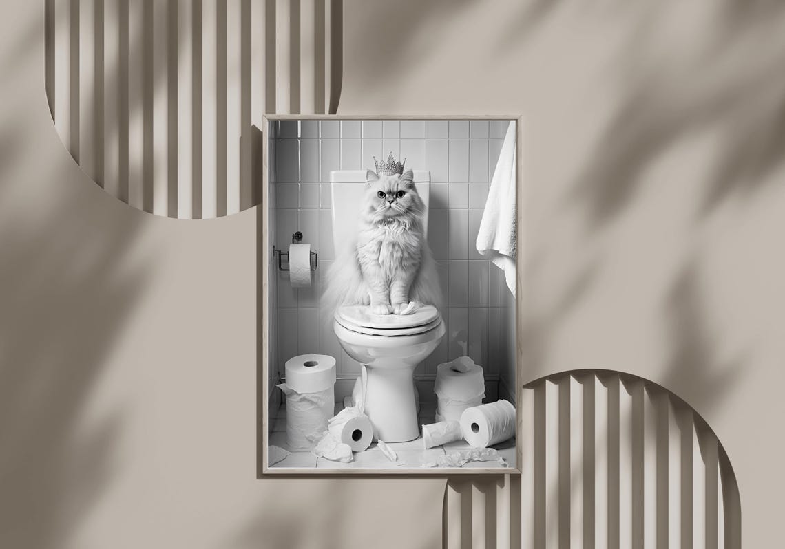 Fluffy White Persian Cat Wearing A Crown Sitting On A Toilet Poster