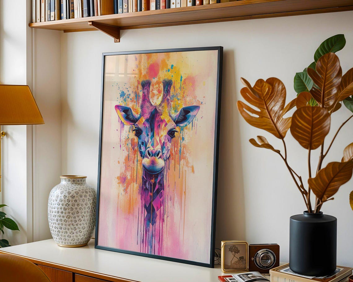Colorful Geometric Watercolor Giraffe Head With Paint Drips Poster - Image 2