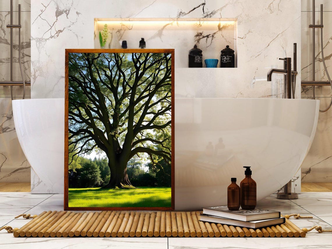 Majestic Spreading Tree Over a Green Meadow Landscape Poster - Image 4