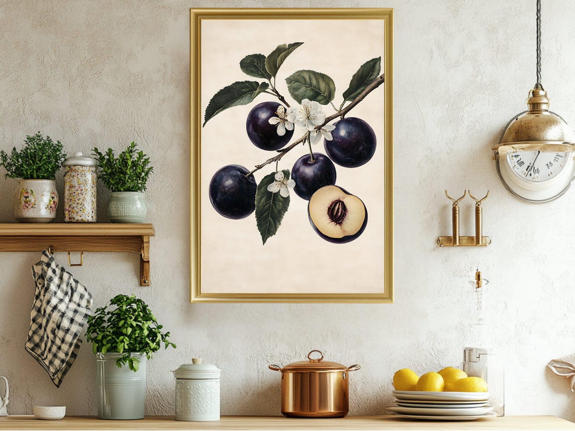 Vintage Plum Branch with Blossoms and Fruit Botanical Kitchen Poster