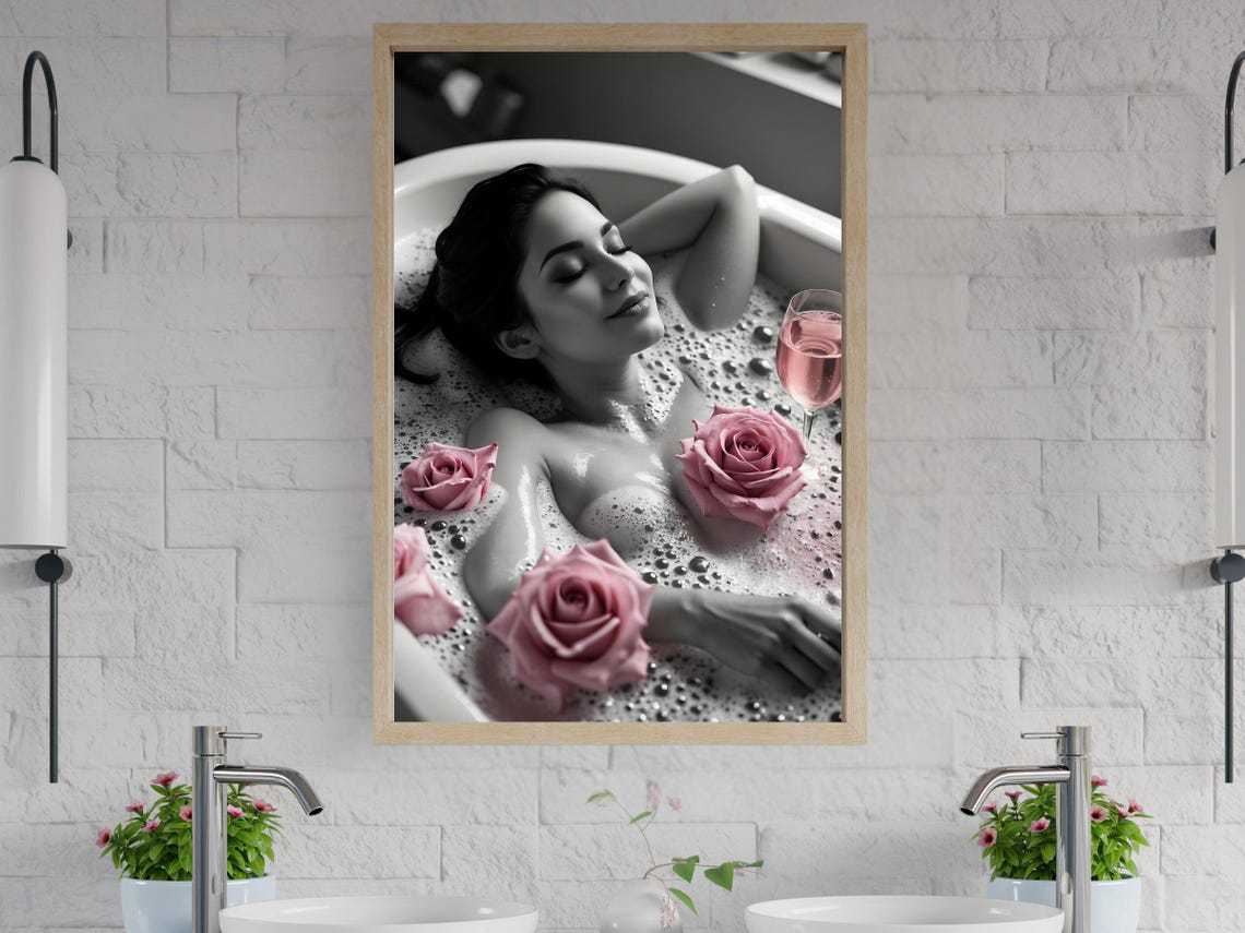 Relaxed Woman In Bubble Bath With Pink Roses And Rose Wine Poster