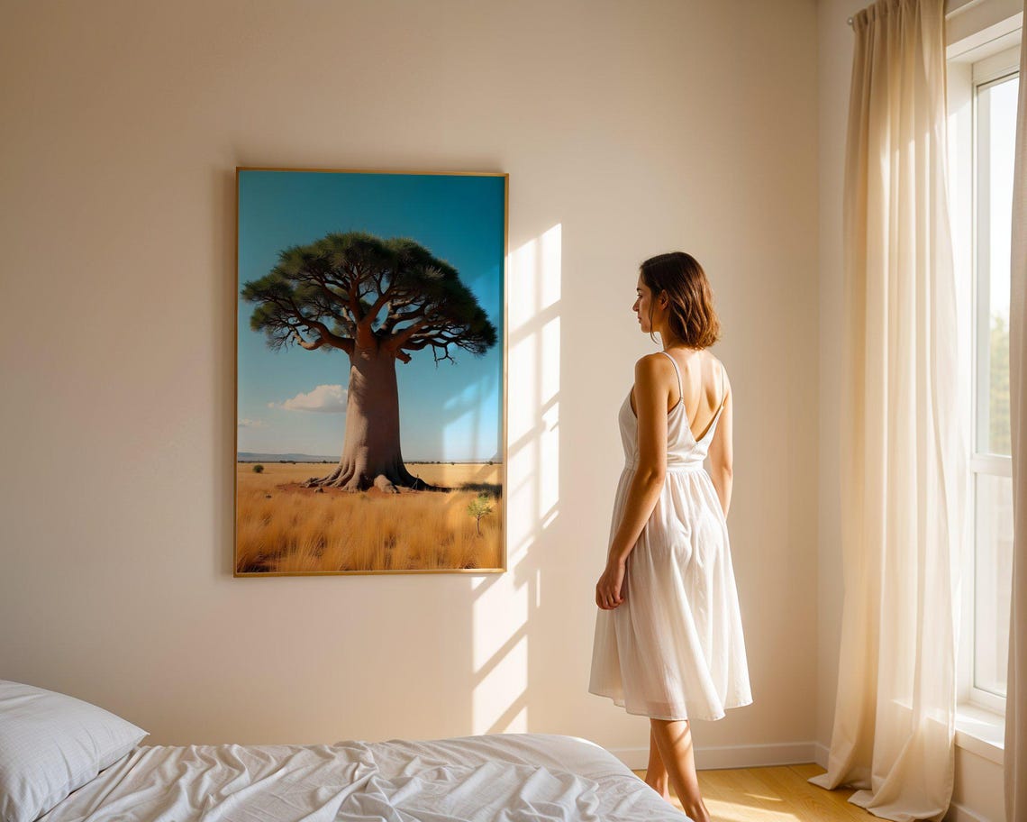 Lone Baobab Tree Standing in Golden African Savanna Field Poster - Image 2