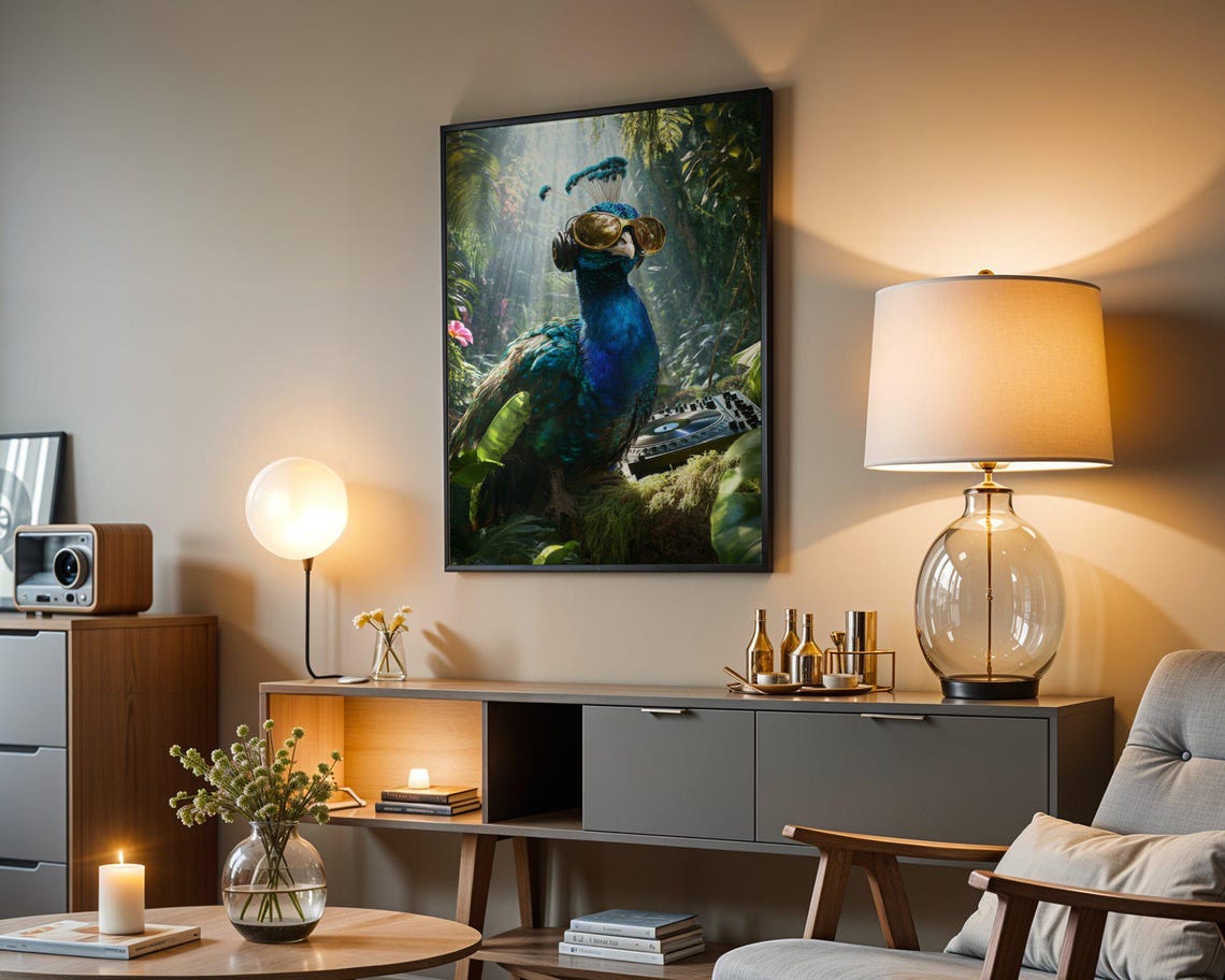 Peacock DJ with Sunglasses and Headphones in a Jungle Setting Poster - Image 4