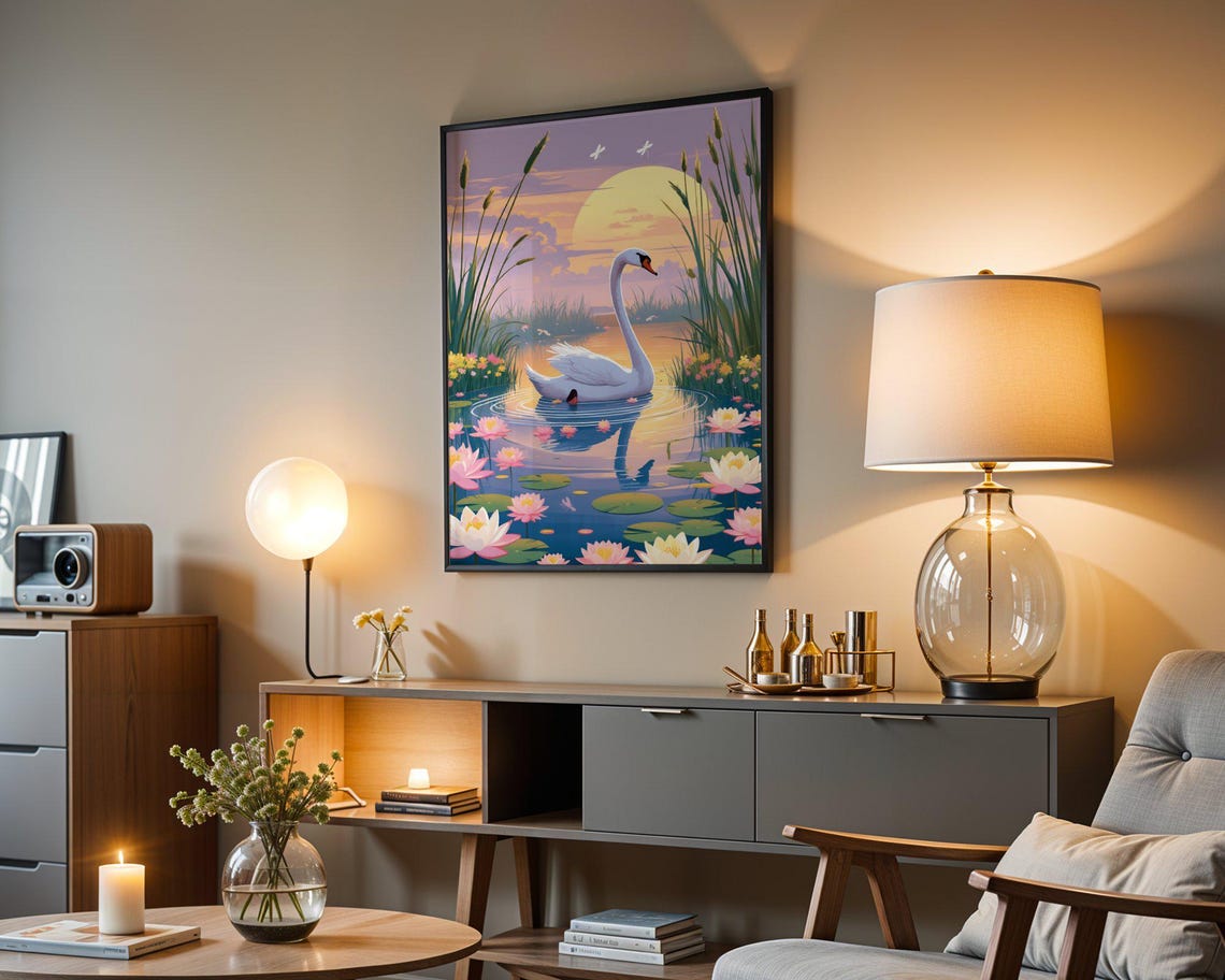 White Swan Swimming At Sunset Among Pink Water Lilies And Reeds Poster - Image 3