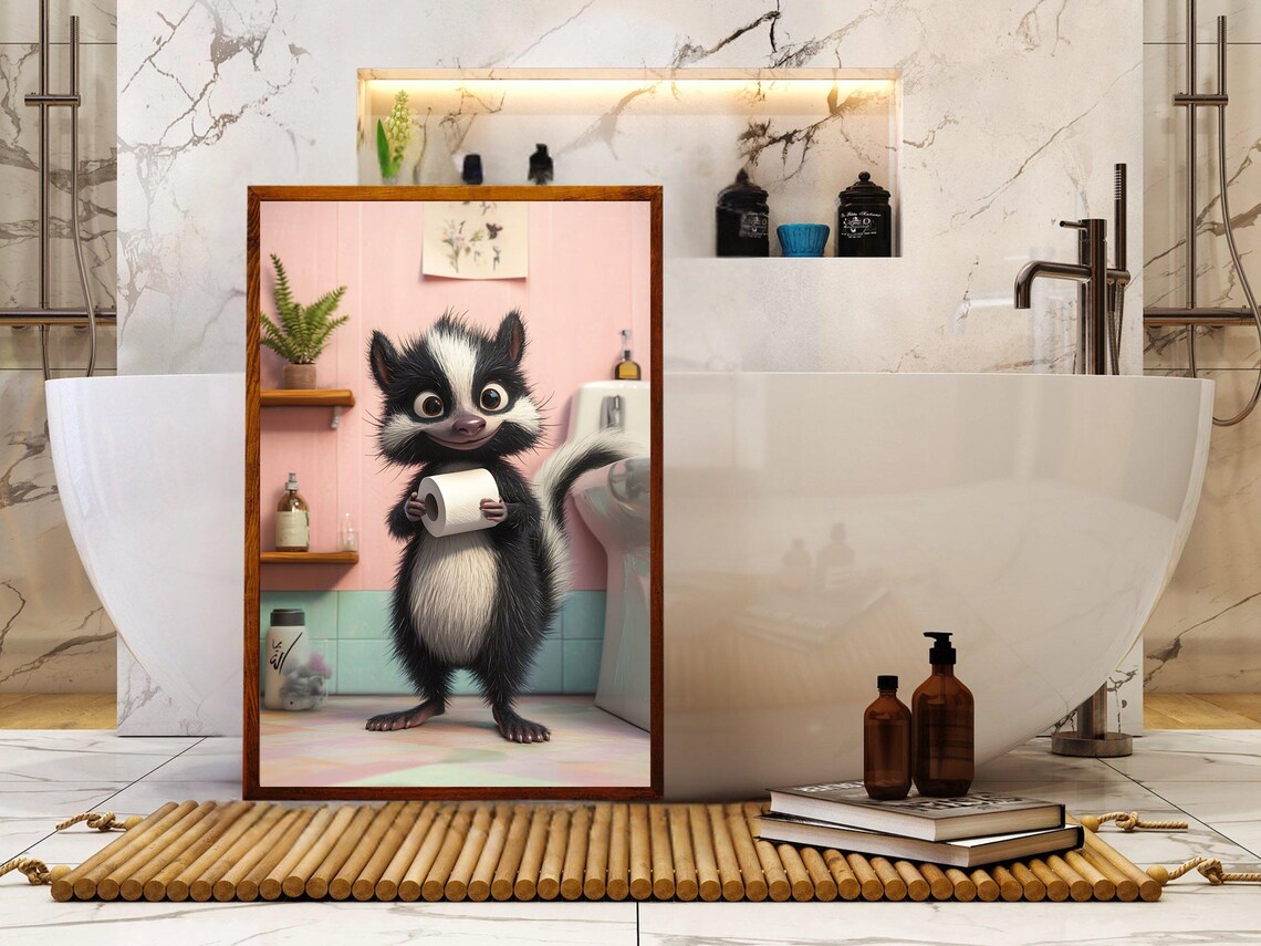 Funny Cartoon Skunk Holding a Roll of Toilet Paper Bathroom Poster - Image 5