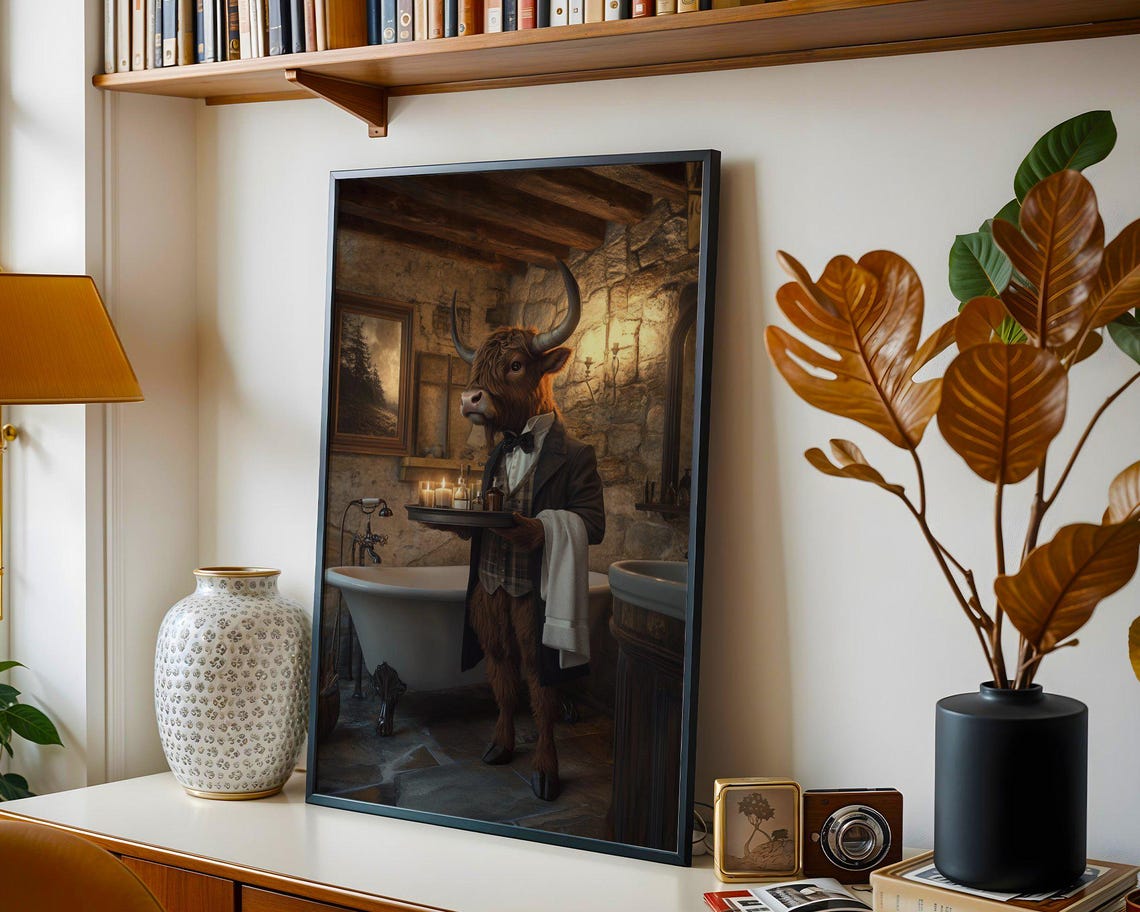Highland Cow Butler Holding a Tray in a Rustic Bathroom Poster - Image 4