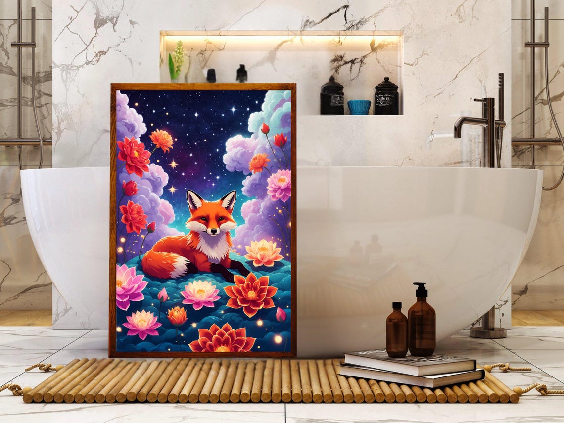 Red Fox Lotus Flowers Starry Night Dreamy Floral Garden Art Print - Image 5