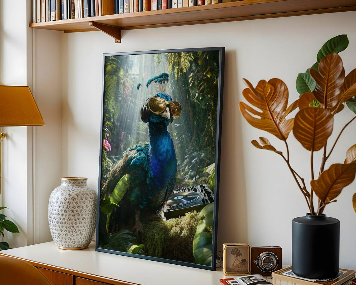 Peacock DJ with Sunglasses and Headphones in a Jungle Setting Poster - Image 5