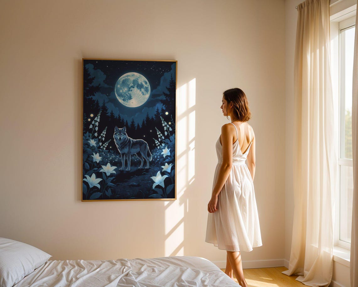 Wolf Under Moonlight Blue Forest Night Animal Scene Art Print - Image 4