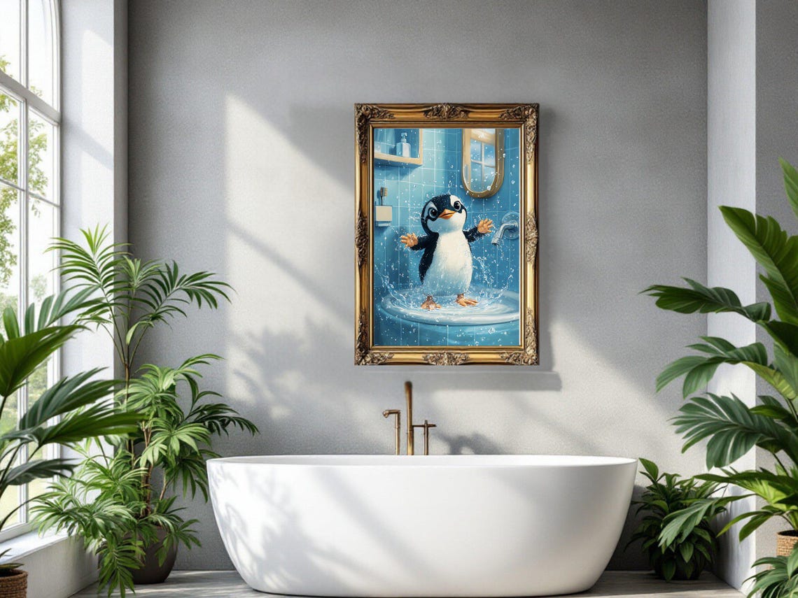 Adorable Baby Penguin Splashing Joyfully in the Bathroom Sink Poster - Image 3