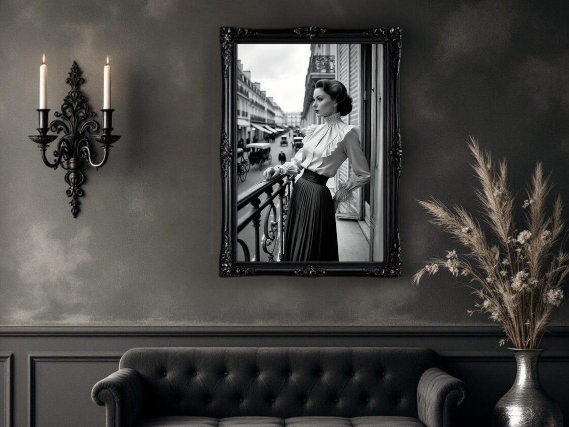Woman on Parisian Balcony Overlooking Vintage Street, B&W Poster - Image 4