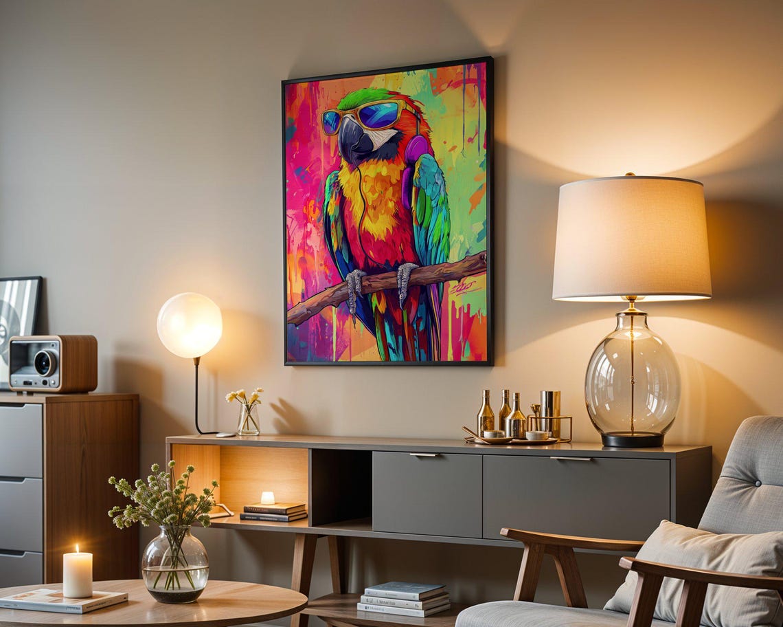 Cool Macaw Parrot With Sunglasses and Headphones Neon Art Poster - Image 3