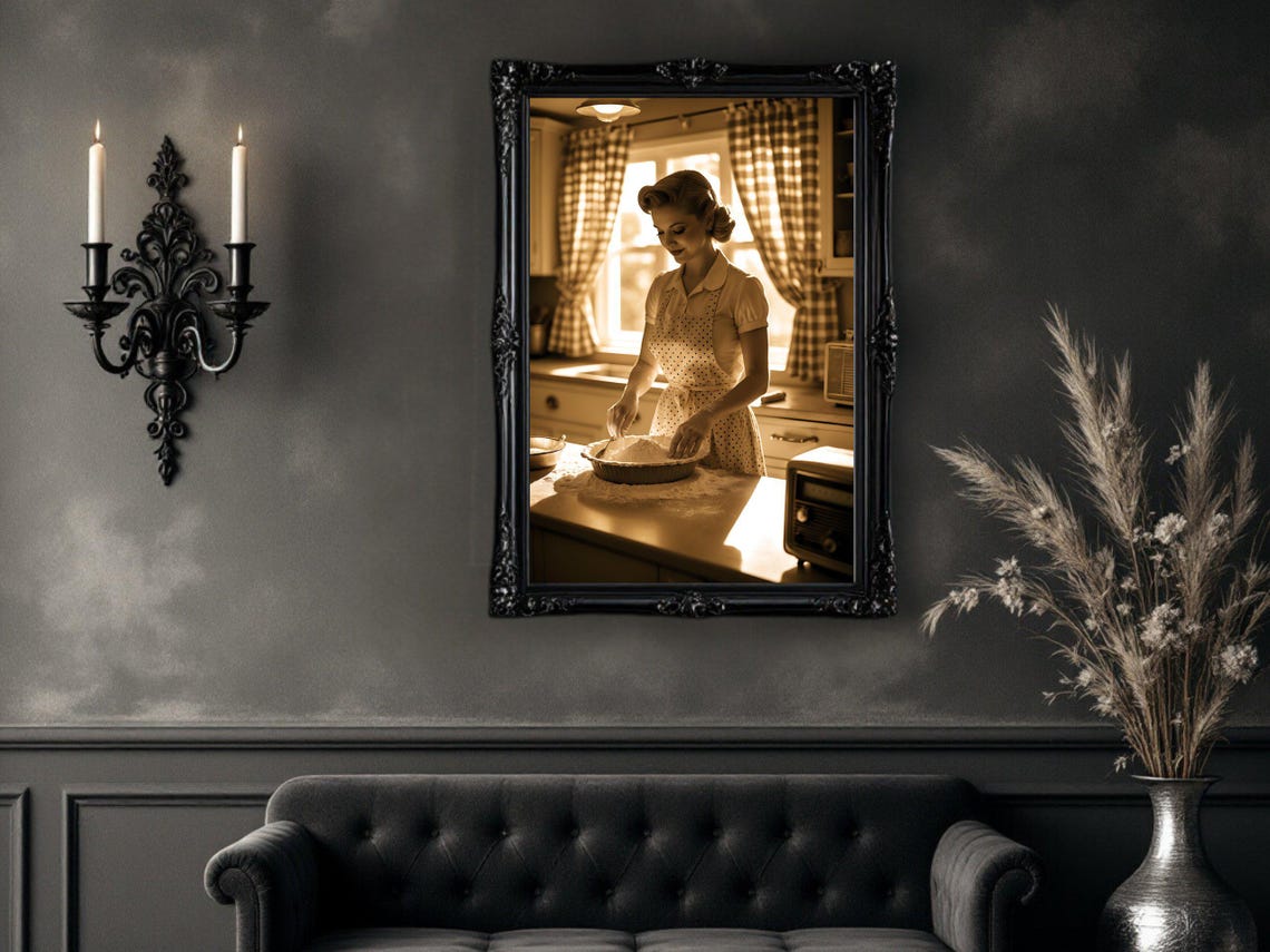 Smiling Woman Baking Pie in Polka Dot Apron, Sepia Kitchen Poster - Image 4