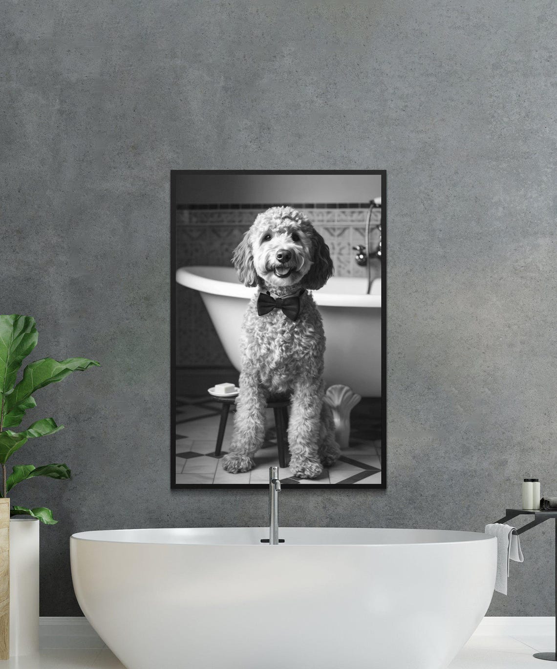 Curly Dog With Bow Tie in Bathroom Black and White Art Poster - Image 2