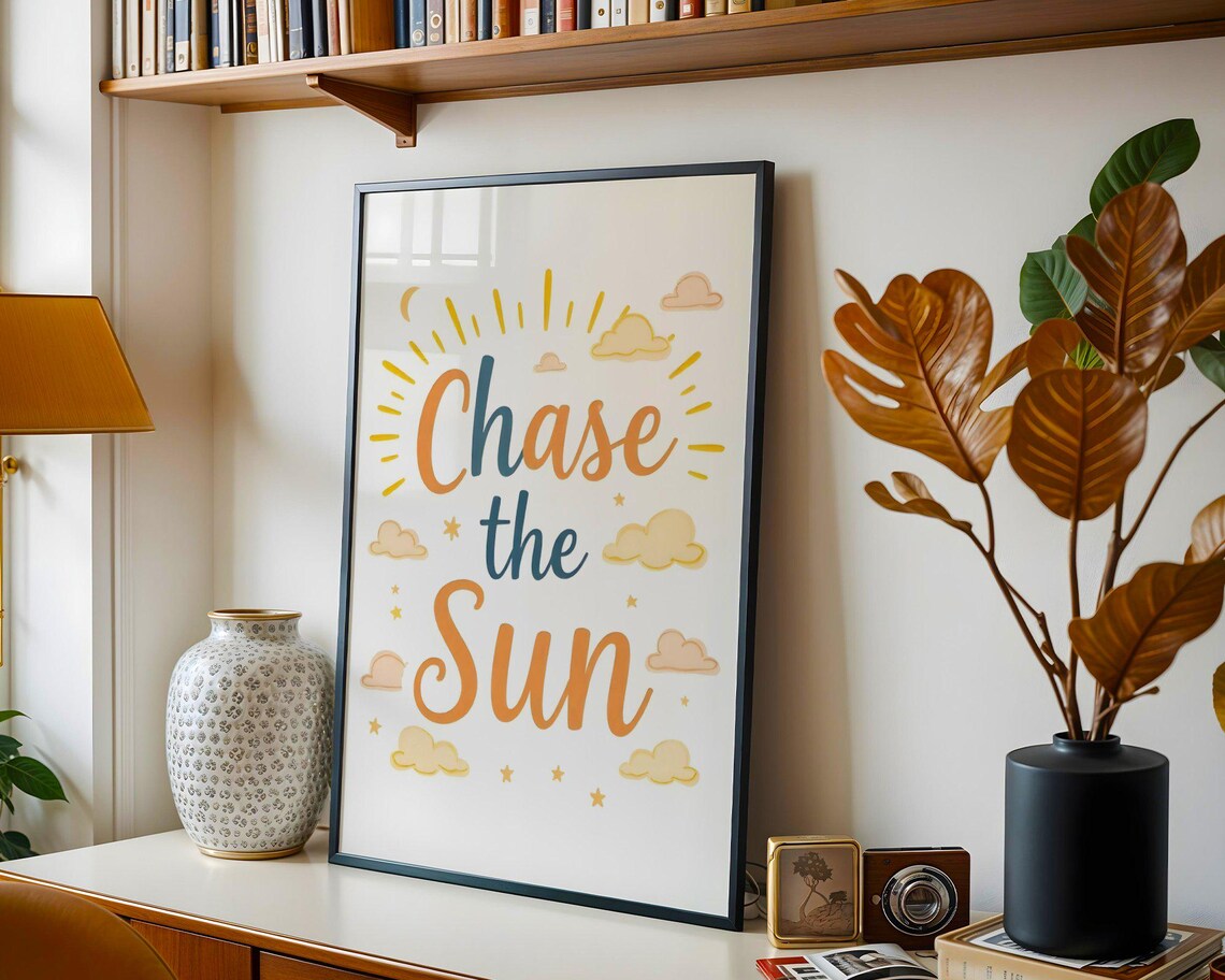Chase the Sun Orange Navy Hand Lettered Sunshine Quote Poster - Image 5