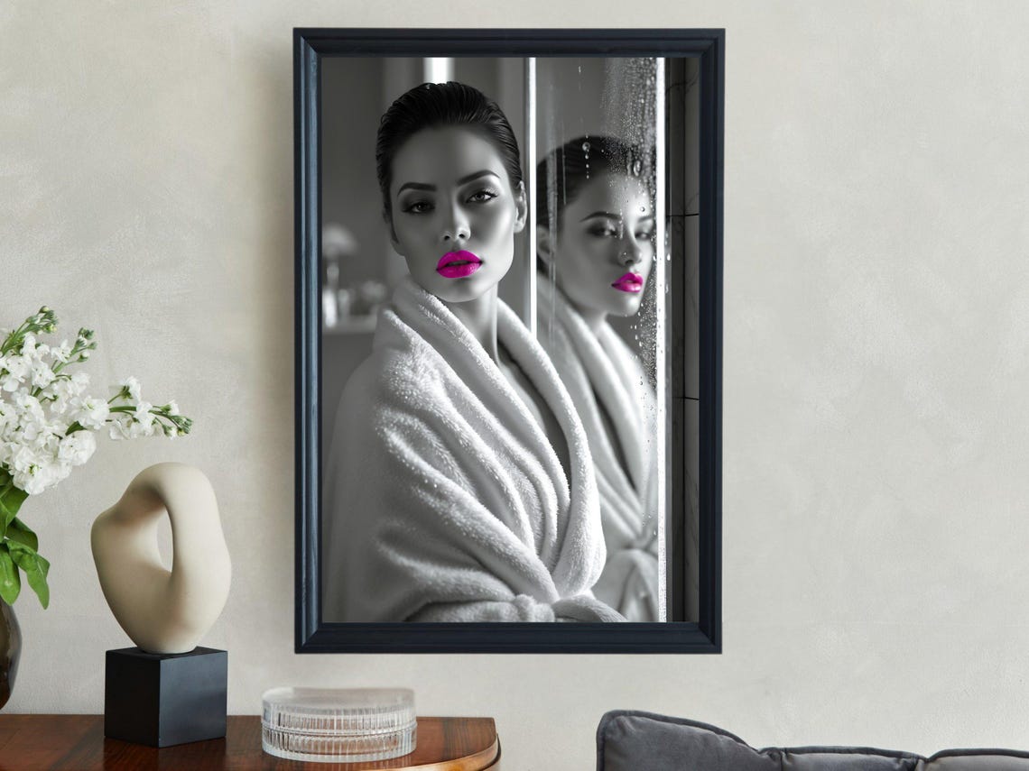 Woman in a Bathrobe With Bold Pink Lips in a Steamy Mirror Poster - Image 4