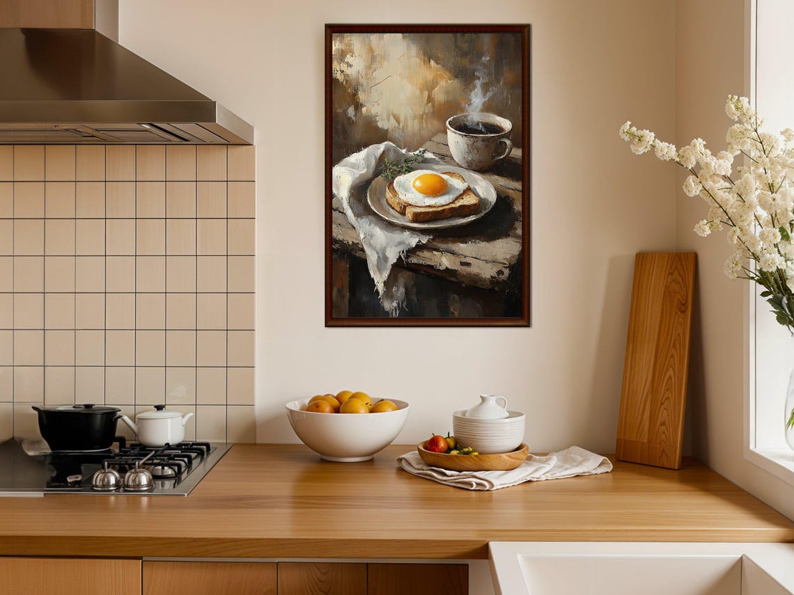 Fried Egg on Toast with Steaming Coffee Rustic Morning Poster - Image 3