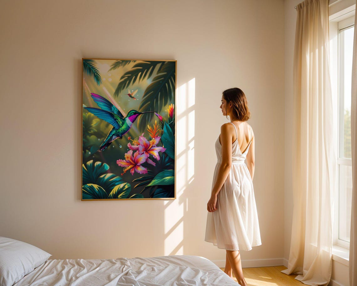 Iridescent Hummingbird Feeding At Hibiscus Flowers In A Sunbeam Poster - Image 4