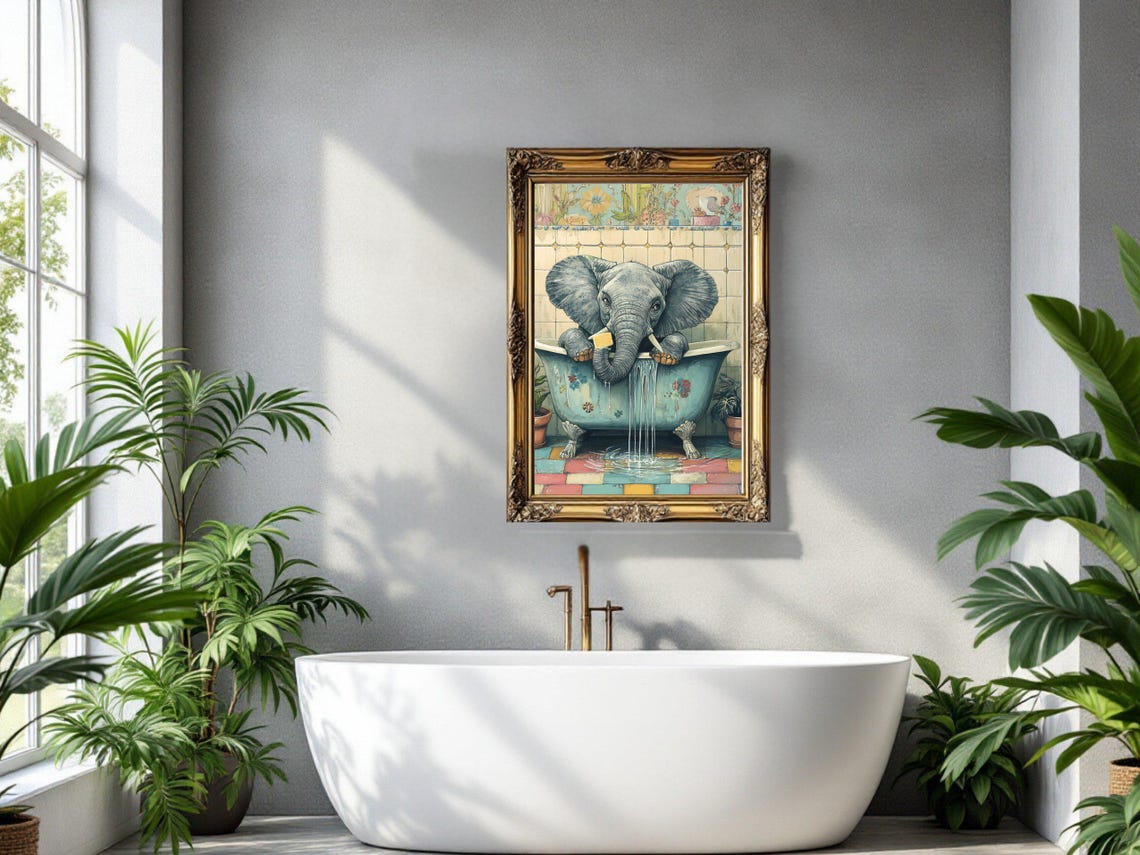 Quirky Elephant Relaxing in a Vintage Floral Clawfoot Bathtub Poster - Image 3