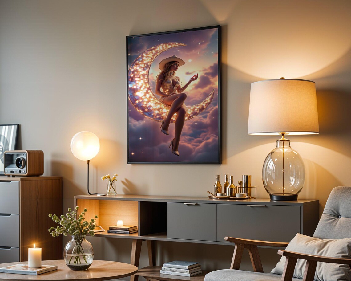 Cowgirl Sitting On Glittering Crescent Moon Pink Cloud Fantasy Poster - Image 4