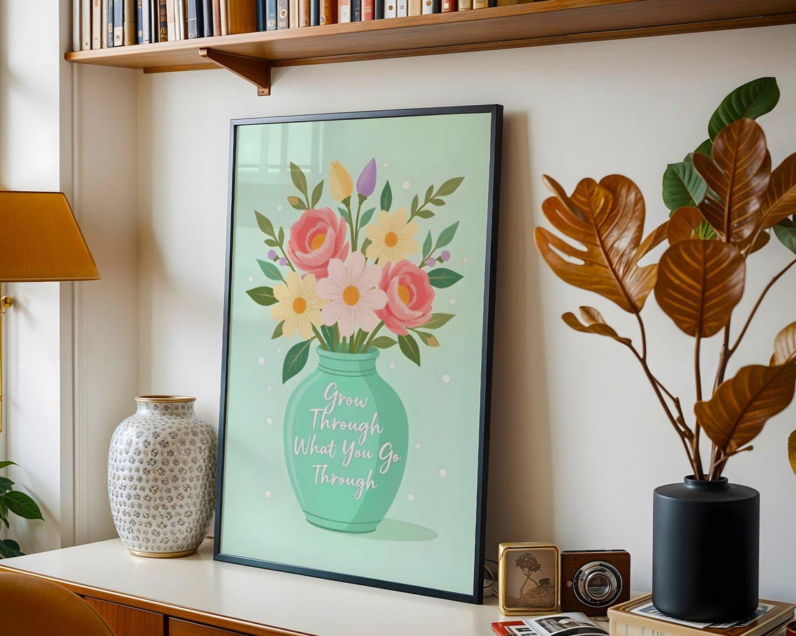Grow Through What You Go Through Floral Vase Mint Quote Poster - Image 5