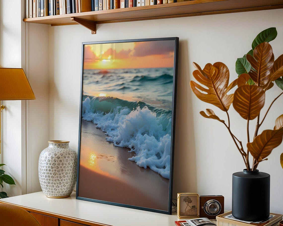 Ocean Wave White Foam Breaking at Golden Sunset Beach Poster - Image 3