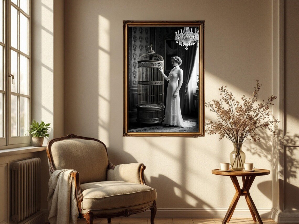 Woman in White Gown Beside Giant Ornate Birdcage, B&W Poster - Image 2